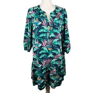 LOFT Navy Tropical Linen Blend Summer Spring Vacation Travel Dress Size Medium